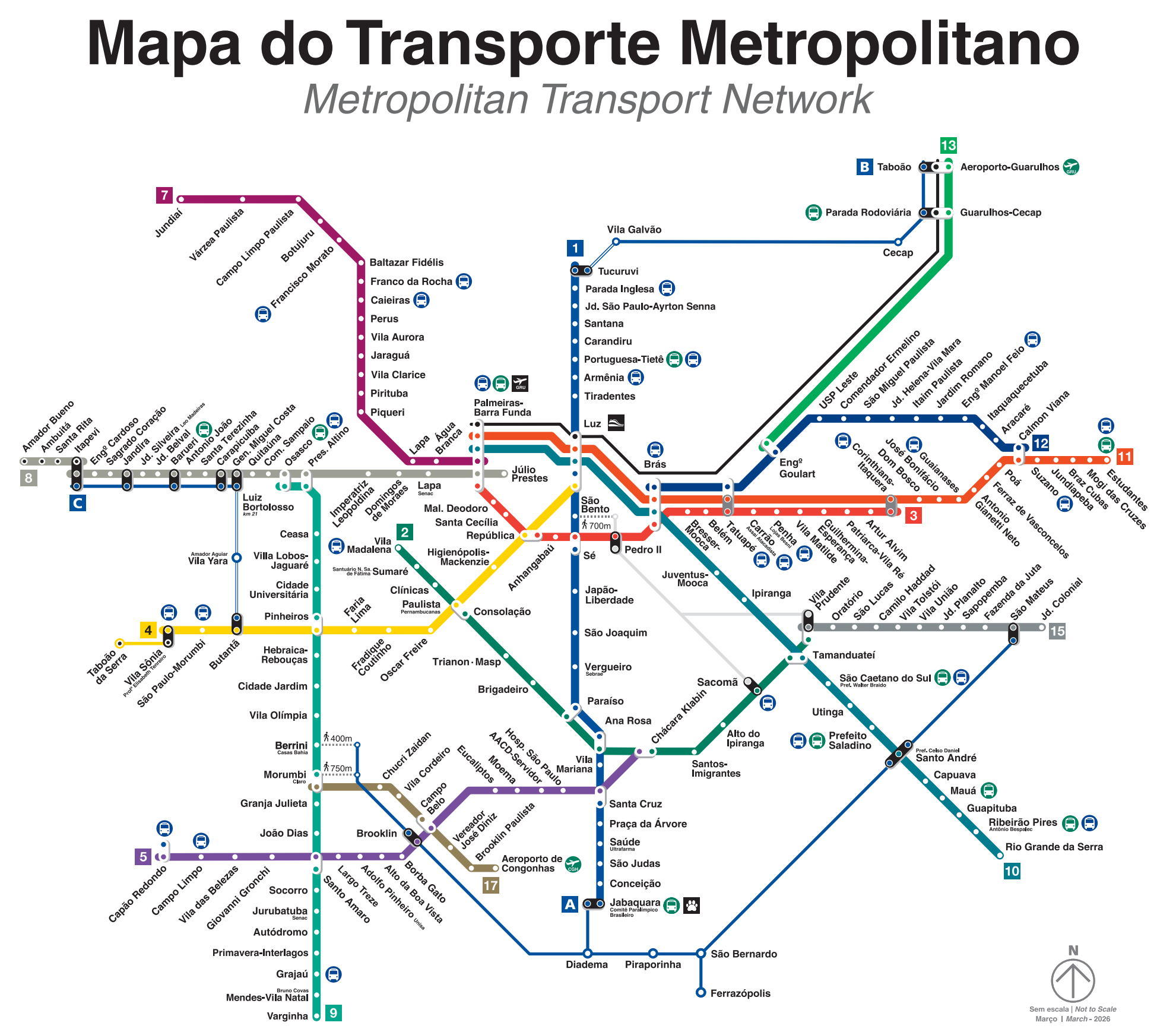 Prévia do mapa da rede metroferroviária de São Paulo